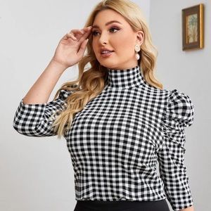 SHEIN Plus High Neck Gigot Sleeve Gingham Top